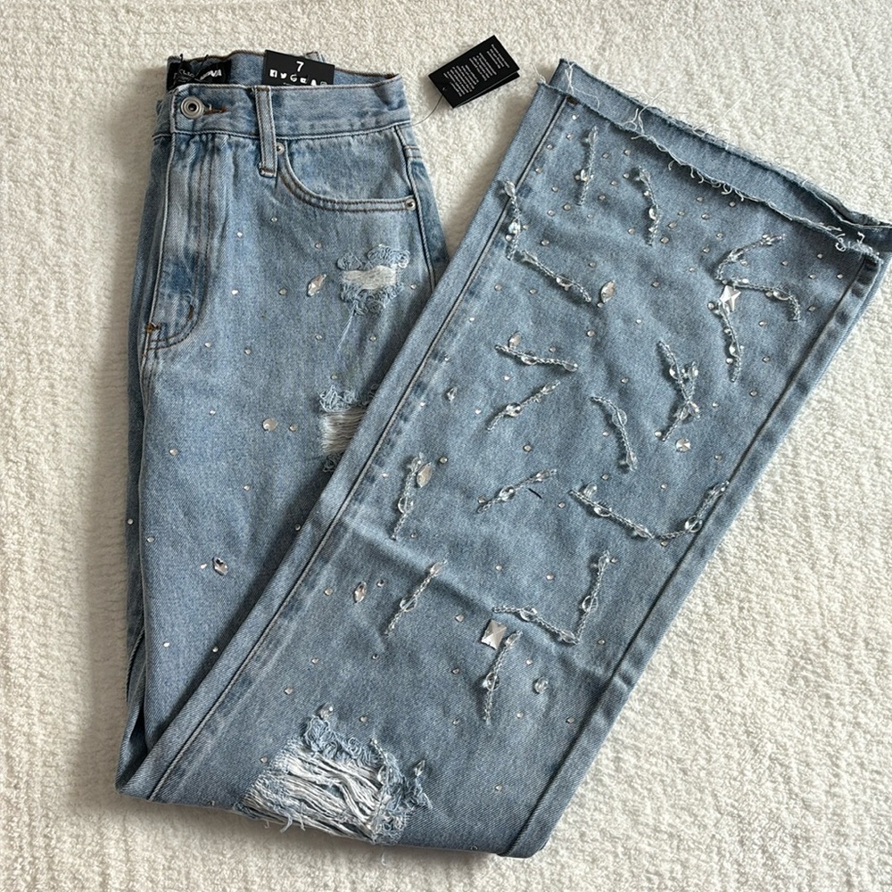 Fashion Nova  Embellished Wide Leg Jean - Light Wash SIZE 7